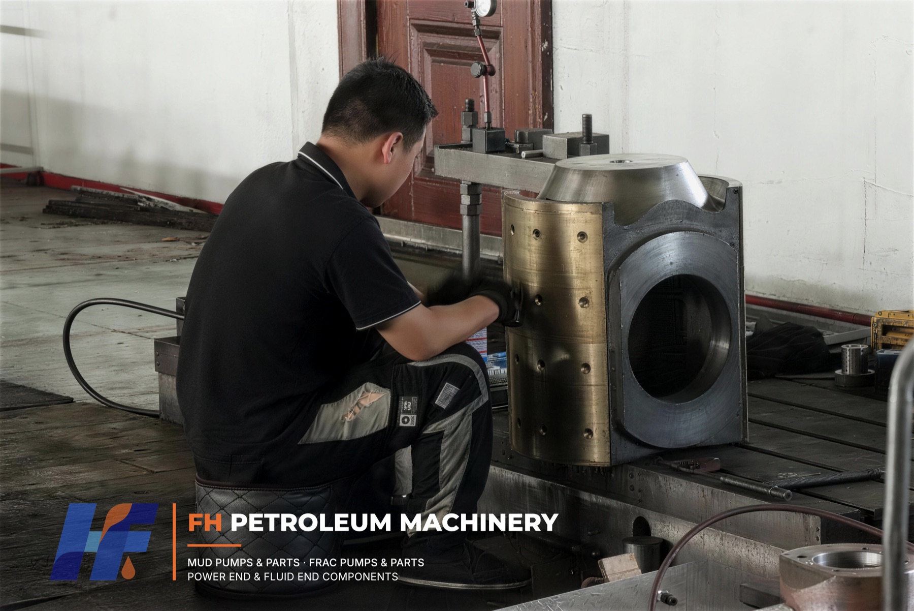 Technician fitting segmented bronze shoes to a mud pump crosshead