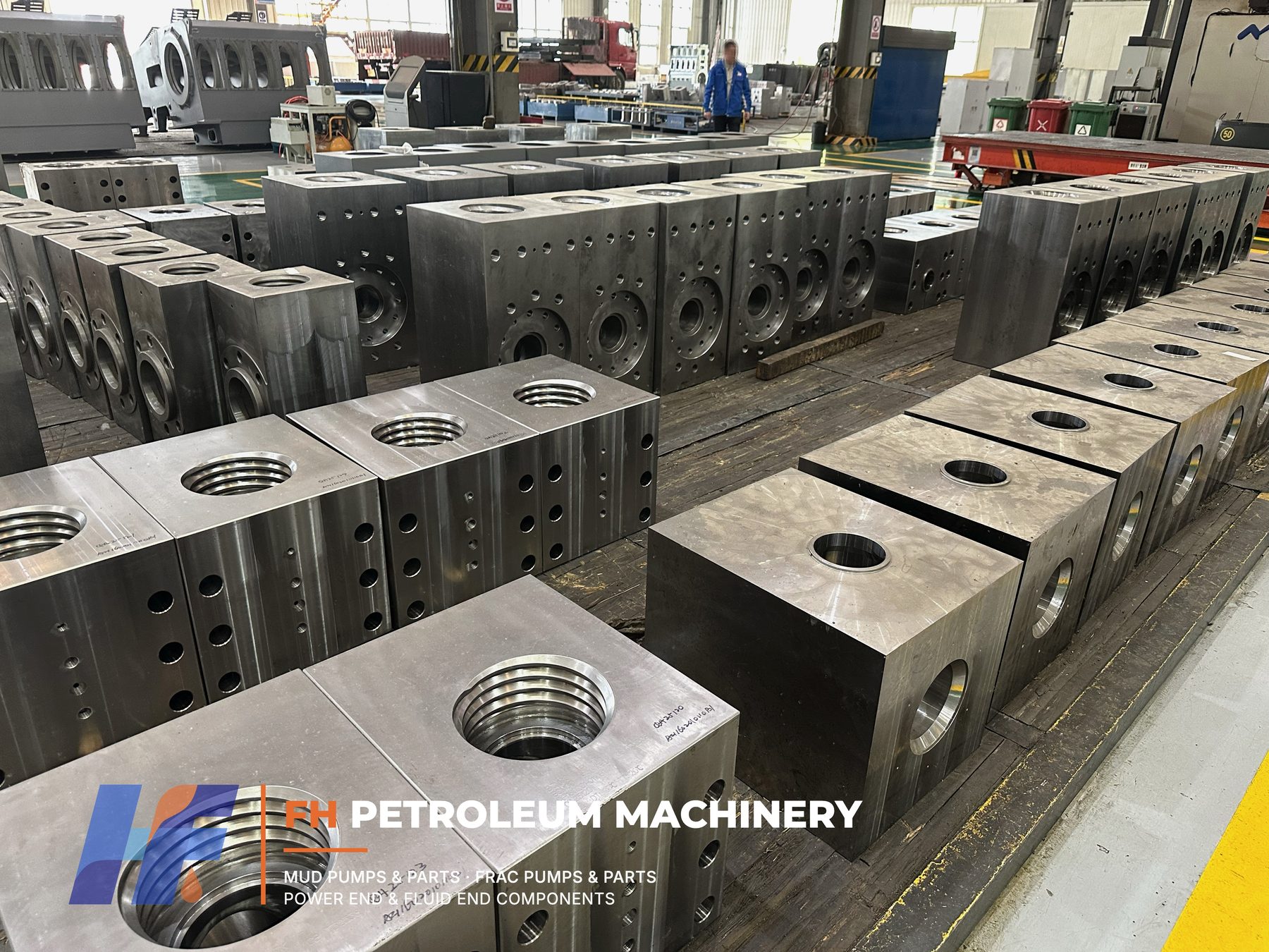 Mud pump fluid end cylinder blocks prepared for assembly