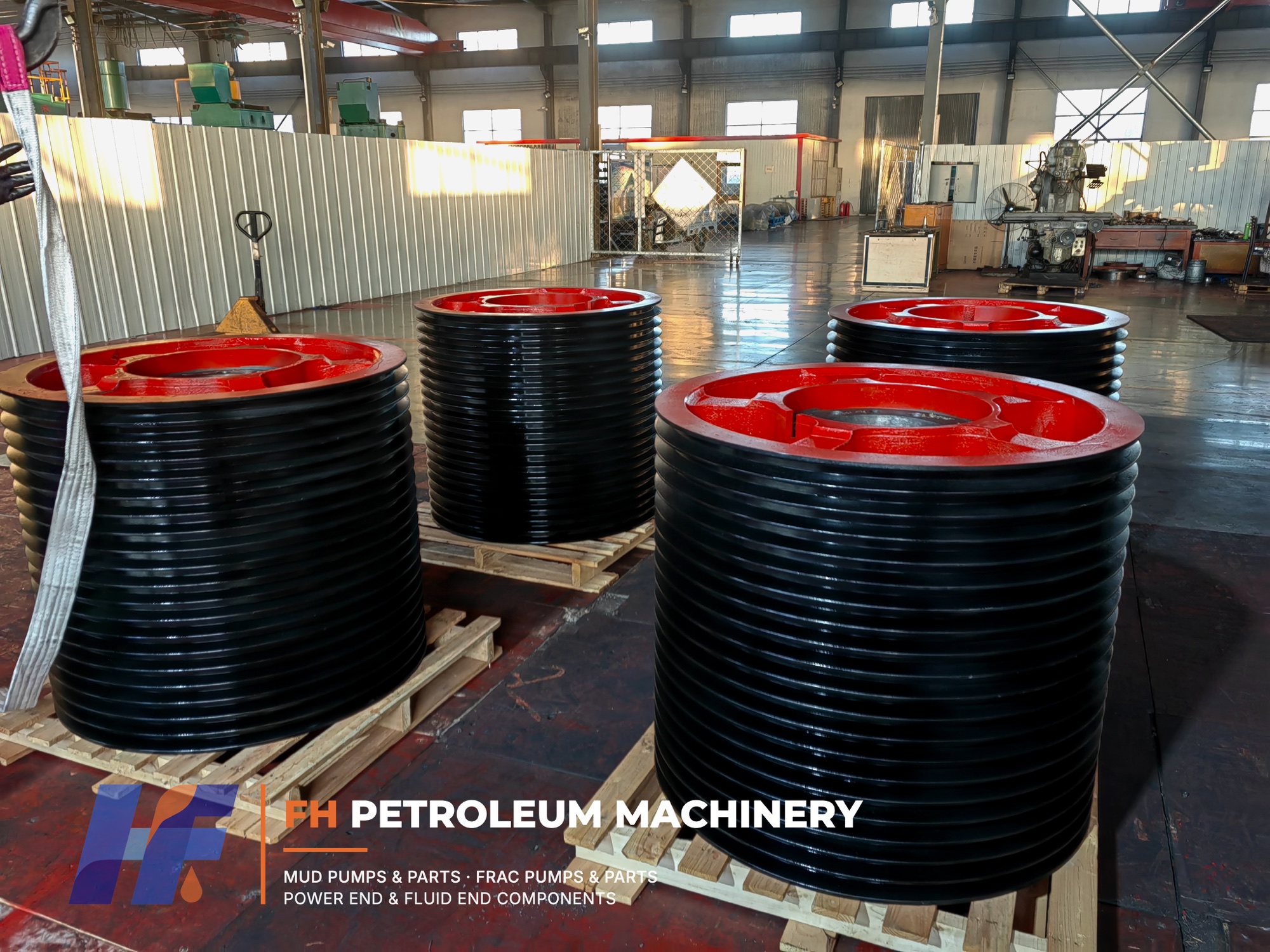 Batch of finished mud pump belt pulleys at FH Petroleum